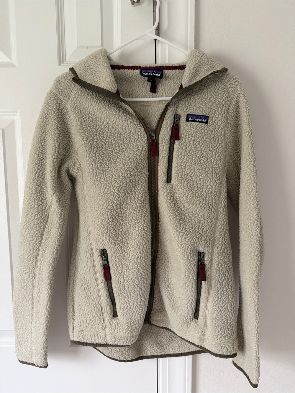 Patagonia Cream Sherpa Jacket with Olive Trim and Burgundy Accents